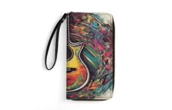Vintage Guitar With Wings Wallet for Womens PU Leather Zip Around Wallers Clutch Wristlet Travel Long Purse