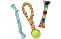 3-Pack Dog Toy Set&comma; Dog Rope Toys &vert; Small to Medium Breeds &vert; Stretchy Dog Toy Tug Rope&comma; Tug of War Toy&comma; Rubber and Crackle for Extra Chewing Fun &vert; Dog Stocking Stuffer