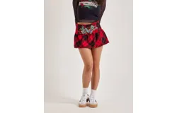 Ed Hardy Dragon Plaid Flare Miniskirt In Red