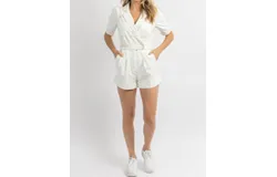 Day &plus; Moon Hendrix Denim Puff-Sleeve Romper In White