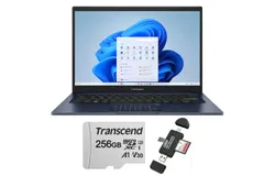 ASUS Vivobook 14 14" FHD Laptop - Intel 13th Core i5-1334 - 12GB Memory, 256GB SSD (Quiet Blue) + Transcend 256GB 300S UHS-I microSDXC Memory Card with SD Adapter + VidPro USB 2.0 Type-C microSD and SD Card Reader