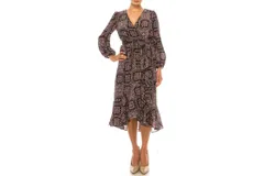 Maison Tara Multi Print Surplice Neck Faux Wrap Midi Dress In Black Blush