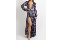 Luxxel Floral Velvet Slit Maxi Dress In Royal Blue