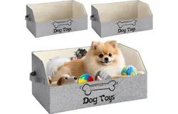 2 Pack Large Collapsible Pet Toy Box Trapezoid Pet Toy Storage Basket with Handle Grey Thicker Toy Storage Bin Bed for Organizing Pet Toys Treats Clothes and Accessories (Dog)