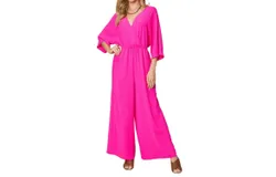 Double Take Chic Surplice Wide Leg Jumpsuit In Hot Pink