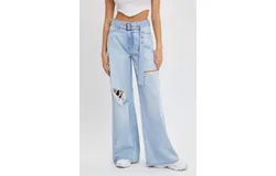Cello Jenna High Rise Wide Leg Belted Jeans In Light Wash