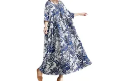 Women Cotton Linen Dress Floral Print Pockets Mid-Calf Loose O-Neck Short Sleeves Plus Size Casual