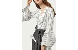 Fangyan Ronnie Pinstripe Wrap Blouse In White&sol;grey
