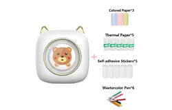 Mini thermal printer&comma; inkless sticker printer&comma; portable pocket printer with 13 roll paper and 6 color pens&comma; label printer&comma; compatible with android and ios&comma; for printing photos&comma; notes&comma; lists&comma; DIY drawings &lpar;White Bear&rpar;