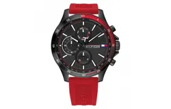 Reloj Tommy Hilfiger Hombre &vert; Coleccion Bank &vert; Modelo 1791722 &vert; Caja Redonda &vert; Ø 46mm Acero inoxidable &vert; Cierre Hebilla &vert; Movimiento Cuarzo &vert; Dial Negro &vert; Cristal Mineral &vert; Correa Silicona Rojo &vert; 50m &sol; 5 ATM &vert; Línea Deportiva