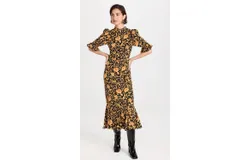 Rhode Women&apos;s Felix Dress&comma; Baroque Heart&comma; Floral&comma; Puff Sleeves Gold Midi Dress