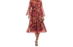Donna Morgan Floral Mock Neck Tiered Ruffle A-Line Midi Dress In Black Hot Coral