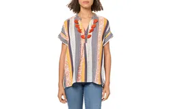 Tru Luxe Stripe Henley Popover Top In Multi