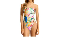 Seafolly Bandeau Postcard Print One Piece In White Multi