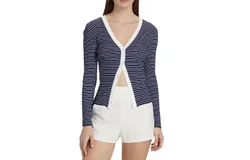 Staud Women Cardigan Sweater Cargo Ribbed Knit Navy Micro Stripe