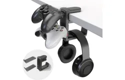3-in-1 PC Gaming Headset&Controller Holder - Headphone Stand w&sol;Adjustable Clamp&2 Controller Holder&Rotating Arm&Cable Organizer&comma; Universal PC Gaming Accessory Controller Headset Stand-Black