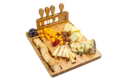 BlauKe® Bamboo Cheese Board and Knife Set 14x11 inch – Wood Cheese Cutting Board&comma; Serving Tray Platter&comma; Charcuterie Board Set with 4 Cheese Knives