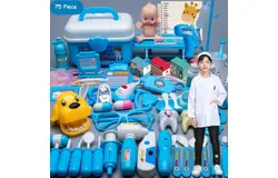 Children&apos;s doctor toy set tool medical box&comma; blue doctor uniform 75-piece set storage box 4 functions &plus; eye chart &plus; tooth filling dog &plus; doll bed