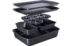 Bakken Swiss - Bakeware Set – 6 Piece – Stackable&comma; Deluxe&comma; Non-Stick Baking Pans for Professional and Home Cooking – Carbon Steel&comma; Gray Stone Coating