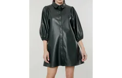 Dolce Cabo Everywhere Leather Dress With Puff Sleeves In Green