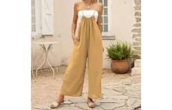 Women&apos;s Casual Loose Sleeveless Jumpsuit Adjustable Spaghetti Straps Wide Leg Loose Cargo Pants with Pockets &lpar;Khaki&rpar;