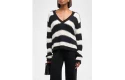 Atm Wool Blend Stripe V-Neck Sweater In Black&sol;chalk