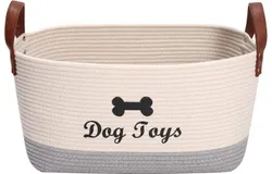 Large cotton dog toy basket&comma; 16&period;5"x10&period;6"x 7&period;5" puppy toy basket&comma; puppy bins&comma; pet organizer&comma; laundry basket storage bin Perfect for organizing pet toys&comma; blankets&comma; leashes&comma; coat and stuff Beige Gray