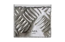 Prada Spazzolato Foldover Card Wallet Metallic Silver Embossed Leather