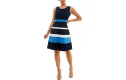 Nina Leonard Sleeveless Jewel Neck Colorblock Dress In Navy&sol;waterfall&sol;ivory