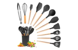 Set Utensilios Cocina Silicón Y Mango De Madera 12 Pzs Negr Color Negro