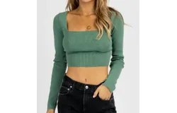 Le Lis Longsleeve Knit Tie Back Crop Top In Emerald