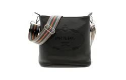 Prada Vitello Phenix Black Leather Web Strap Crossbody Bucket Bag