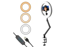 APEXEL Desktop 10 Inch LED Ring Light USB Video Light Photography Fill Light 2700K-5500K 10-Level Brightness with Foldable Clip-on Light Stand Phone Holder Ballhead for Live Streaming Makeup Video