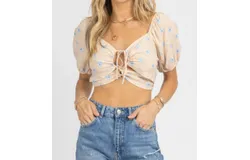 Endless Blu&period; Floral Off Shoulder Tie Crop In Taupe &plus; Blue