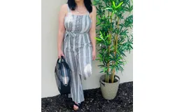 Andree By Unit Woven Stripe Jumpsuit In Charcoal