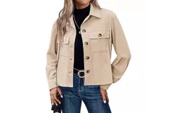 Women&apos;s Fashion Short Tops Corduroy Button Short Jacket Tops Long Sleeve Shirt Fashion &lpar;Apricot S&rpar;