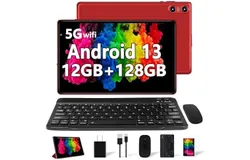 Android 13 Tablet Newest 10&period;1 inch Tablets&comma;12GB RAM 128GB ROM 1TB Expand&comma;Octa-Core Processor&comma;Dual Camera&comma;WiFi 5&comma;GPS&comma;Bluetooth 5&period;0&comma;6000mAh Long Battery Life with Keyboard&sol;Mouse-Red
