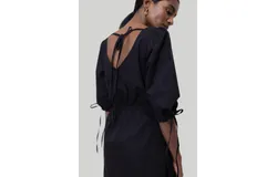 Gathered Elbow Sleeve Short Dress in Black