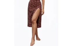 L Michele Floral-Print Ruched Satin Slip Midi Dress In Burgundy