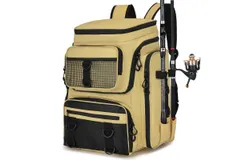 PLUSINNO Fishing Backpack with Rod Holders&comma; 42L Large Water-Resistant Fishing Tackle Bag Store Fishing Gear for Fishing&comma; Camping&comma; Hiking&comma;Khaki