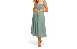 Hello Miz Tie Shoulder Smocked Maternity Midi Dress In Sage