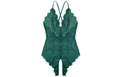 Women One Piece Lingerie Sexy Teddy Lingerie V Neck Sexy Bodysuit Lace Nightie-2Set Green