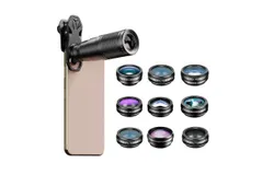 APEXEL 10-in-1 Phone Lens Kit with 22X Telephoto Lens 198° Fisheye Lens Kaleidoscope Lens 0&period;63X Wide Angle Lens 15X Macro Lens Various Filter Lens Universal Clip Storage Box Replacement for iPhone
