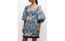 Cara Cara Women&apos;s Montauk Dress&comma; 100&percnt; Cotton Puff Sleeves Fruit Basket Mini Blue