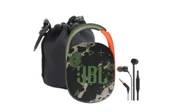 JBL Clip 4 Portable Bluetooth Waterproof Speaker &lpar;Squad&rpar; &plus; Innovexee Waterproof Neoprene Medium Lens Pouch for DSLR & Mirrorless Cameras - Shockproof&comma; Dustproof&comma; & Secure Storage with Belt Loop & Swivel Clip &plus; JBL T110 in Ear Headphones Black