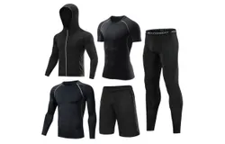 Men Compression Workout Set 5 PCS Dry Quick Shirt Pants Shorts Tights Jacket Clothes for Gym-Black&sol;L