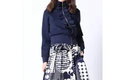 Gracia Highneck Scuba Assymetrical Ruffled Zip Jacket In Navy