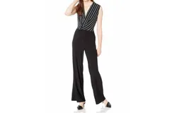 Bebe Women Wrap Sleeveless Cotton Jumpsuit In Black Striped