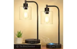 Set of 2 Industrial Touch Control Table Lamps with 2 USB Ports and AC Outlet - 3-Way Dimmable Black Bedside Lamps Nightstand Desk Lamps for Bedroom Living Room&comma; Glass Shade & 2 LED Bulbs Included