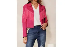 Oddi Cropped Fringe Jacket In Bubble Gum